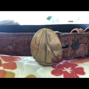 Embossed Leather Belt Sz 30” Brass Sailboat Buckle